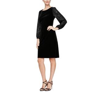 Alex Evenings Sequined Velvet Long Sleeve Sheath Cocktail Dress Black Size 14